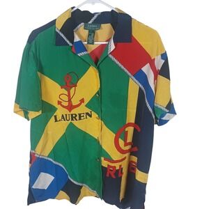 Lauren Ralph Lauren RL67 Nautical Sailing Resort 100% Silk Printed Top Womens L
